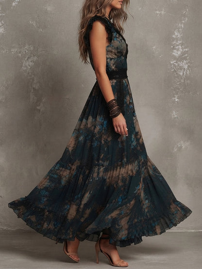Vestido Maxi Floral Verde Oscuro Sin Esfuerzo para Mujeres con Detalle de Encaje en el Cuello en V y Mangas Cortas con Volantes Estilo Bohemio