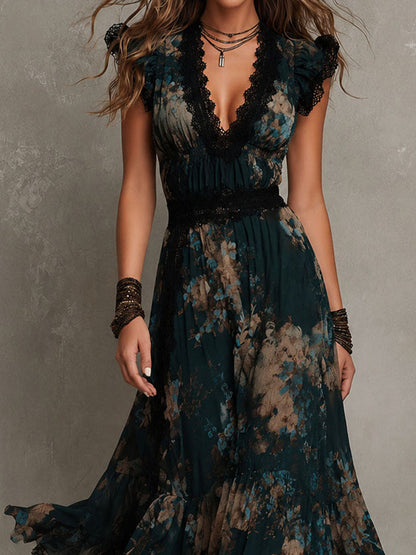 Vestido Maxi Floral Verde Oscuro Sin Esfuerzo para Mujeres con Detalle de Encaje en el Cuello en V y Mangas Cortas con Volantes Estilo Bohemio
