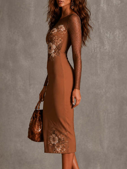Elegante Vestido Midi de Malla Floral Marrón para Mujeres con Cuello Redondo y Manga Larga Estilo Bodycon Semitransparente
