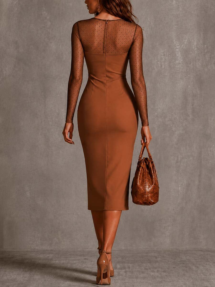 Elegante Vestido Midi de Malla Floral Marrón para Mujeres con Cuello Redondo y Manga Larga Estilo Bodycon Semitransparente