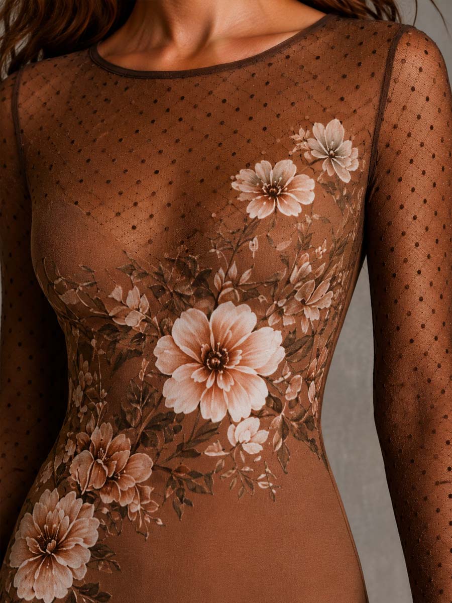 Elegante Vestido Midi de Malla Floral Marrón para Mujeres con Cuello Redondo y Manga Larga Estilo Bodycon Semitransparente