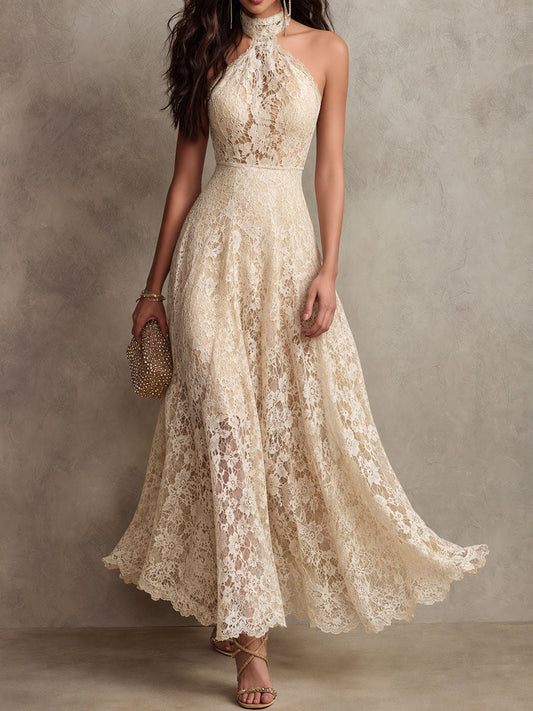 Vestido Maxi de Encaje Beige Elegante para Mujeres con Cuello Halter y Sin Mangas, Estilo para Invitadas de Boda