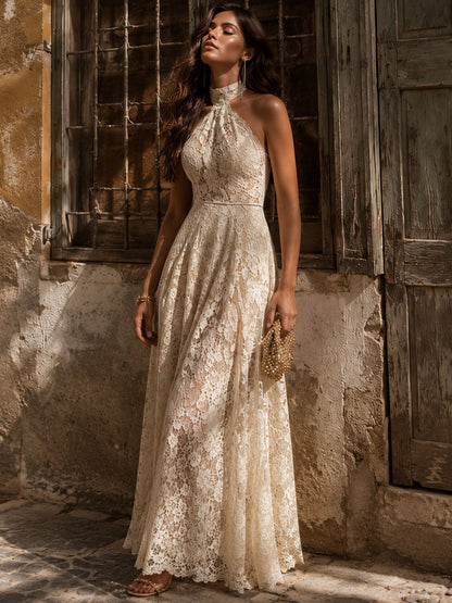 Vestido Maxi de Encaje Beige Elegante para Mujeres con Cuello Halter y Sin Mangas, Estilo para Invitadas de Boda