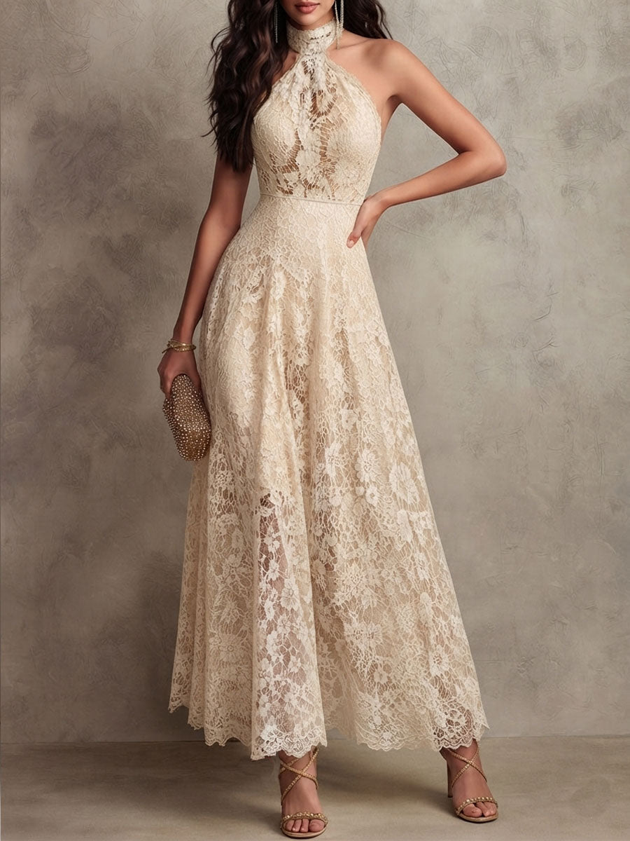 Vestido Maxi de Encaje Beige Elegante para Mujeres con Cuello Halter y Sin Mangas, Estilo para Invitadas de Boda