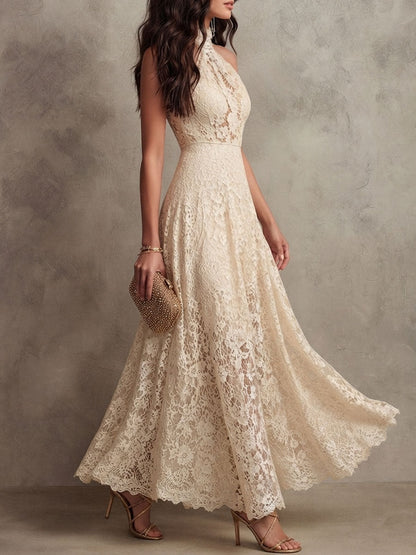 Vestido Maxi de Encaje Beige Elegante para Mujeres con Cuello Halter y Sin Mangas, Estilo para Invitadas de Boda