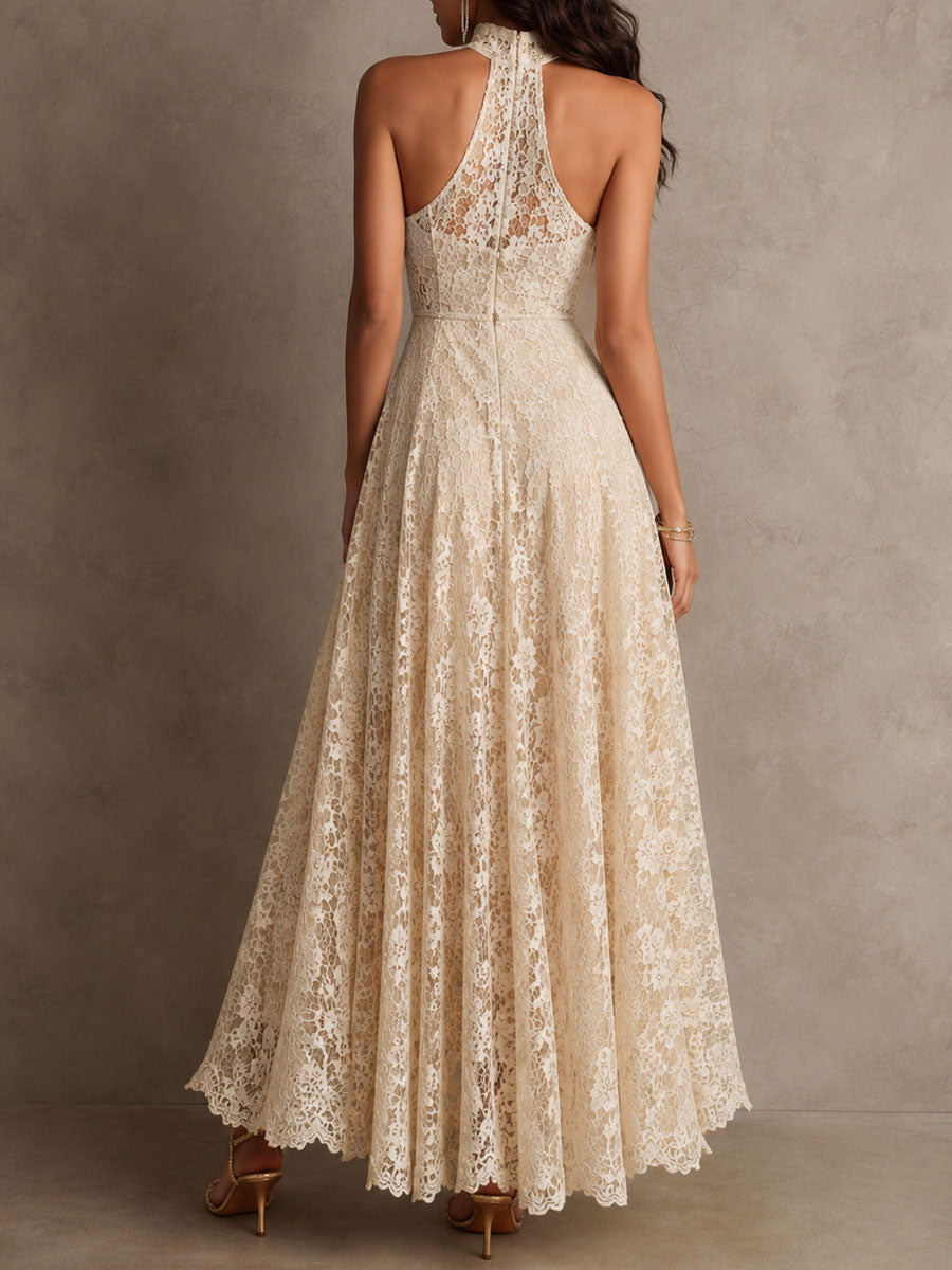 Vestido Maxi de Encaje Beige Elegante para Mujeres con Cuello Halter y Sin Mangas, Estilo para Invitadas de Boda