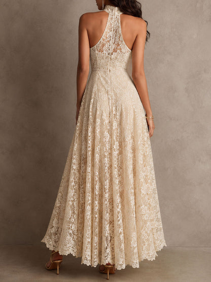Vestido Maxi de Encaje Beige Elegante para Mujeres con Cuello Halter y Sin Mangas, Estilo para Invitadas de Boda