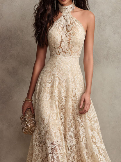 Vestido Maxi de Encaje Beige Elegante para Mujeres con Cuello Halter y Sin Mangas, Estilo para Invitadas de Boda