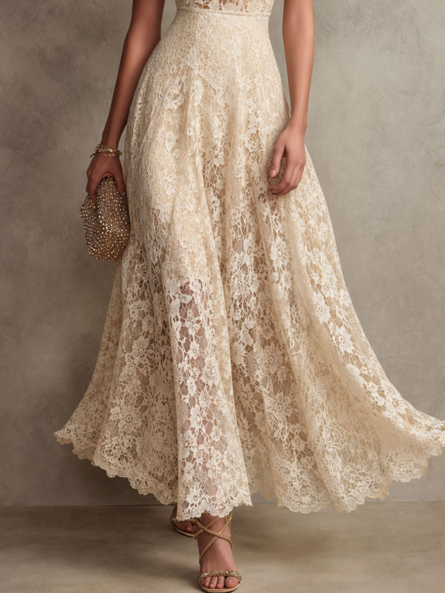 Vestido Maxi de Encaje Beige Elegante para Mujeres con Cuello Halter y Sin Mangas, Estilo para Invitadas de Boda