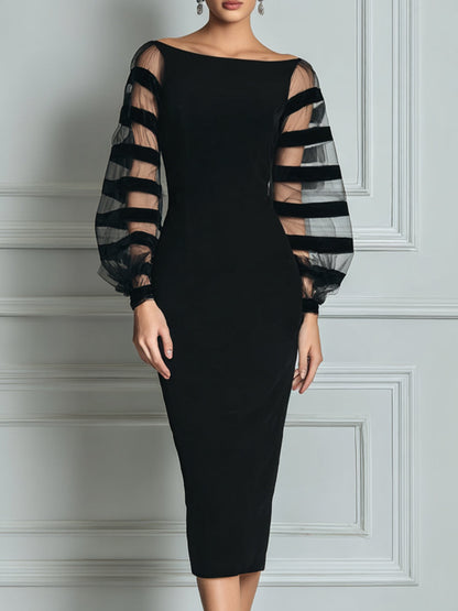 Elegante Vestido Midi Negro para Mujeres con Cuello Barco y Mangas Globo Transparentes de Estilo Bodycon para Cóctel