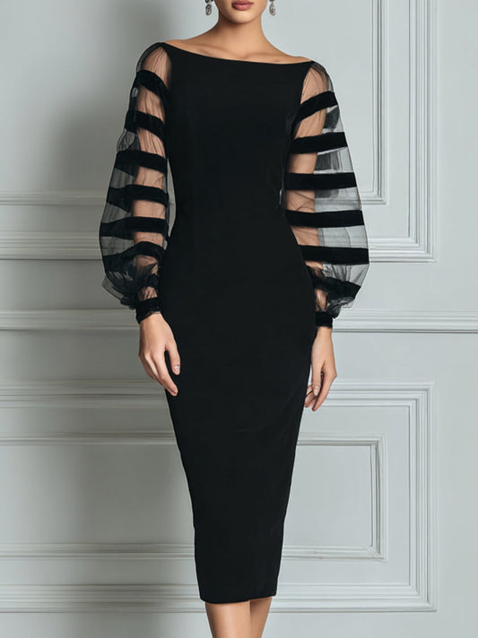 Elegante Vestido Midi Negro para Mujeres con Cuello Barco y Mangas Globo Transparentes de Estilo Bodycon para Cóctel