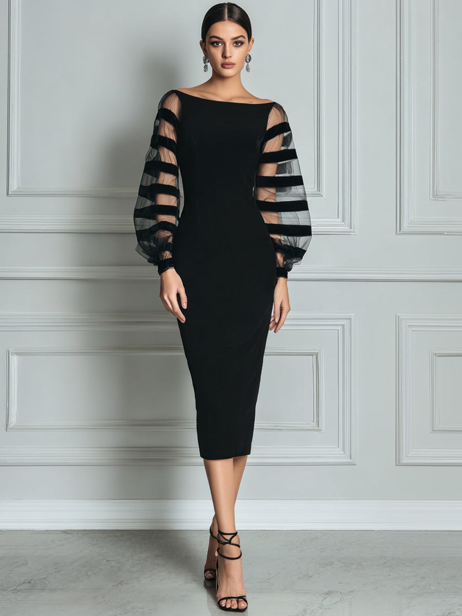 Elegante Vestido Midi Negro para Mujeres con Cuello Barco y Mangas Globo Transparentes de Estilo Bodycon para Cóctel