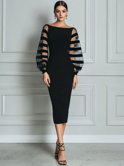 Elegante Vestido Midi Negro para Mujeres con Cuello Barco y Mangas Globo Transparentes de Estilo Bodycon para Cóctel