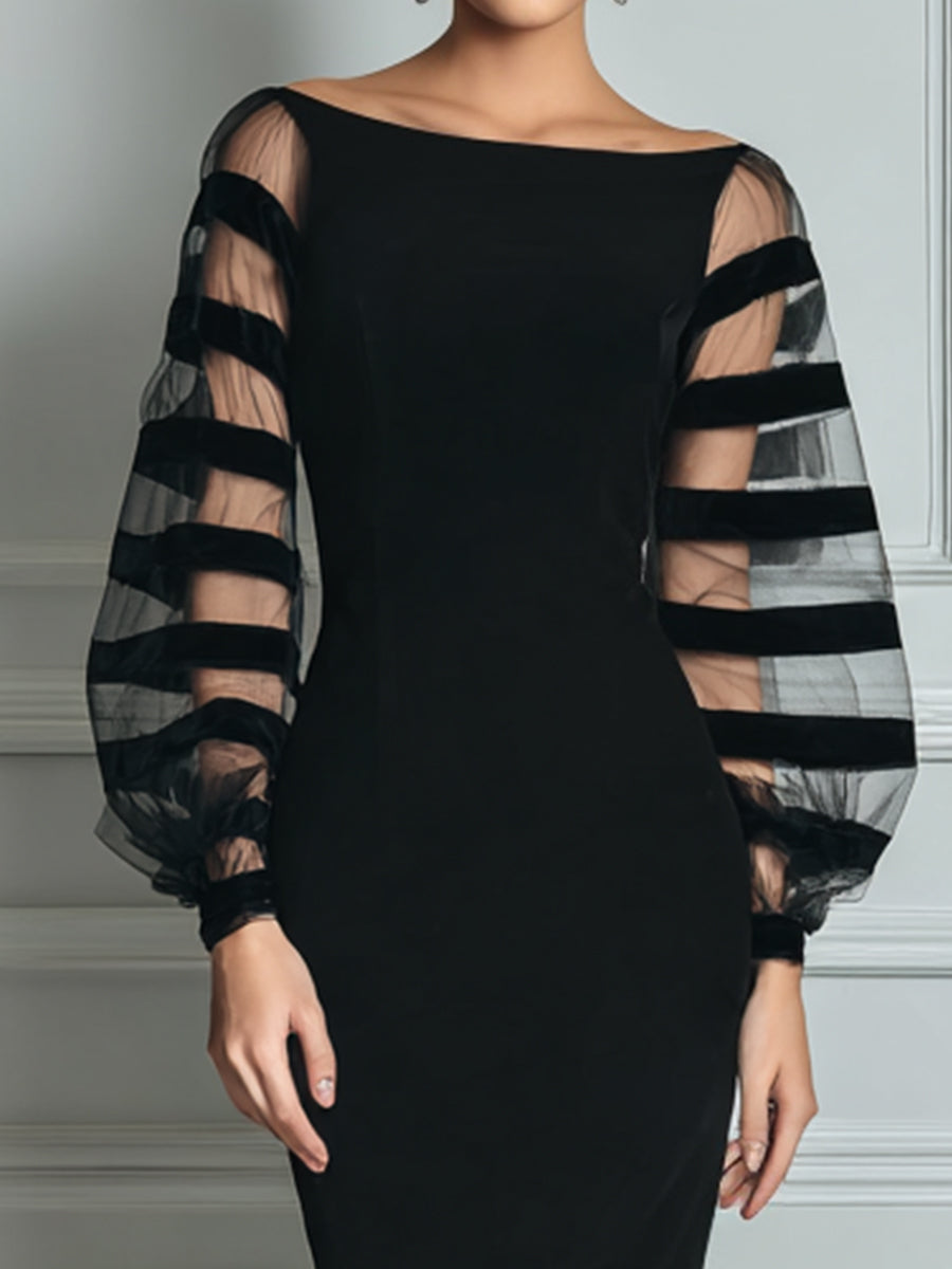 Elegante Vestido Midi Negro para Mujeres con Cuello Barco y Mangas Globo Transparentes de Estilo Bodycon para Cóctel