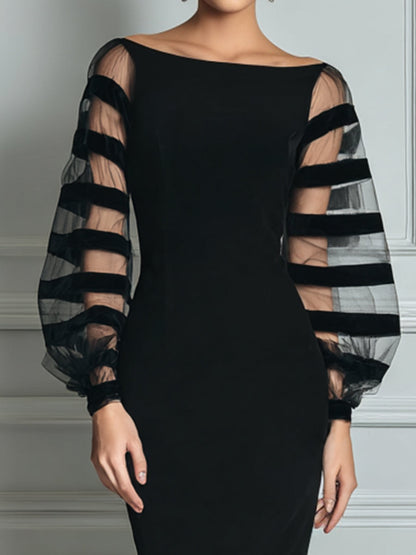 Elegante Vestido Midi Negro para Mujeres con Cuello Barco y Mangas Globo Transparentes de Estilo Bodycon para Cóctel