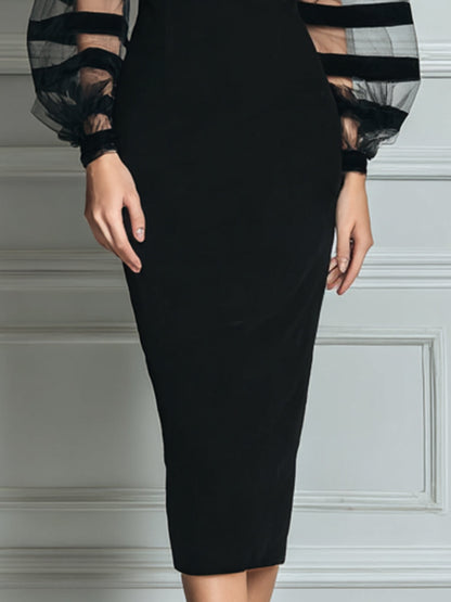 Elegante Vestido Midi Negro para Mujeres con Cuello Barco y Mangas Globo Transparentes de Estilo Bodycon para Cóctel