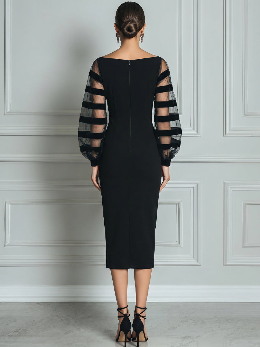 Elegante Vestido Midi Negro para Mujeres con Cuello Barco y Mangas Globo Transparentes de Estilo Bodycon para Cóctel