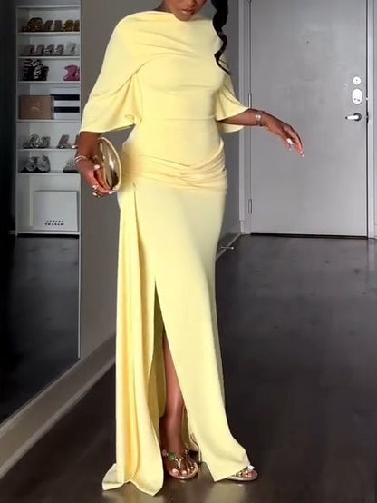 Vestido Maxi Amarillo Elegante para Mujeres con Cuello Alto, Manga Murciélago, Espalda Descubierta y Estilo con Abertura