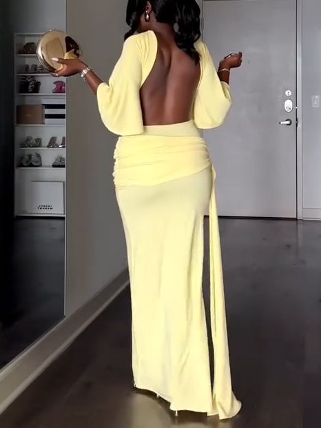 Vestido Maxi Amarillo Elegante para Mujeres con Cuello Alto, Manga Murciélago, Espalda Descubierta y Estilo con Abertura