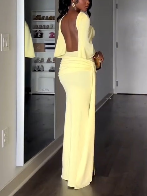 Vestido Maxi Amarillo Elegante para Mujeres con Cuello Alto, Manga Murciélago, Espalda Descubierta y Estilo con Abertura