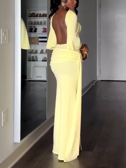 Vestido Maxi Amarillo Elegante para Mujeres con Cuello Alto, Manga Murciélago, Espalda Descubierta y Estilo con Abertura