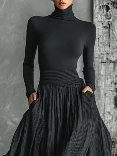 Conjunto Elegante de Falda Maxi Plisada Negra para Mujeres con Cuello Alto, Manga Larga y Pantalón Amplio de Dos Piezas