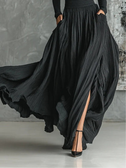 Conjunto Elegante de Falda Maxi Plisada Negra para Mujeres con Cuello Alto, Manga Larga y Pantalón Amplio de Dos Piezas