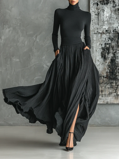 Conjunto Elegante de Falda Maxi Plisada Negra para Mujeres con Cuello Alto, Manga Larga y Pantalón Amplio de Dos Piezas
