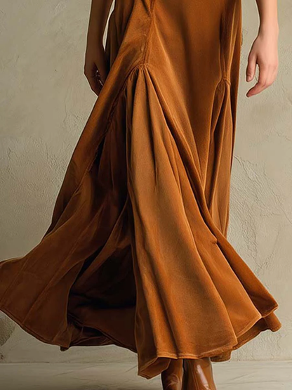 Vestido Maxi de Terciopelo Elegante para Mujeres con Cuello de Muesca, Manga de Codo, Botones en la Parte Frontal y Estilo Vintage