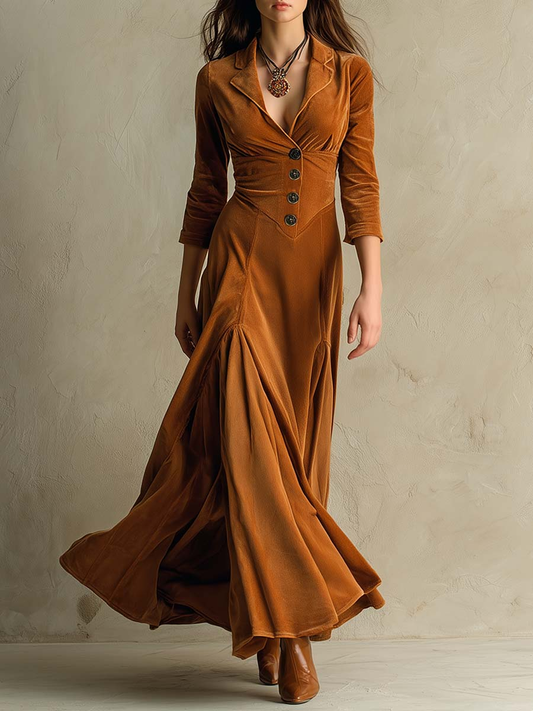 Vestido Maxi de Terciopelo Elegante para Mujeres con Cuello de Muesca, Manga de Codo, Botones en la Parte Frontal y Estilo Vintage