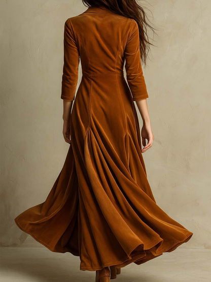 Vestido Maxi de Terciopelo Elegante para Mujeres con Cuello de Muesca, Manga de Codo, Botones en la Parte Frontal y Estilo Vintage