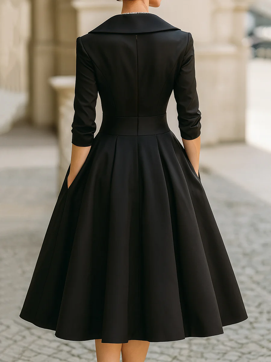 Elegante Vestido Midi de Satén para Mujeres con Cuello Chal, Manga de Codo y Falda Plisada en Estilo Coctel