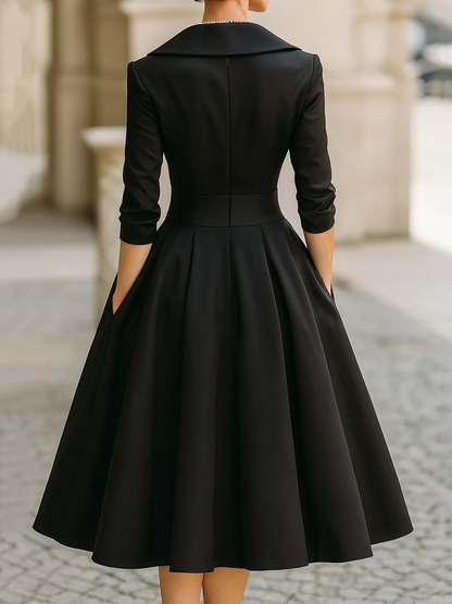 Elegante Vestido Midi de Satén para Mujeres con Cuello Chal, Manga de Codo y Falda Plisada en Estilo Coctel