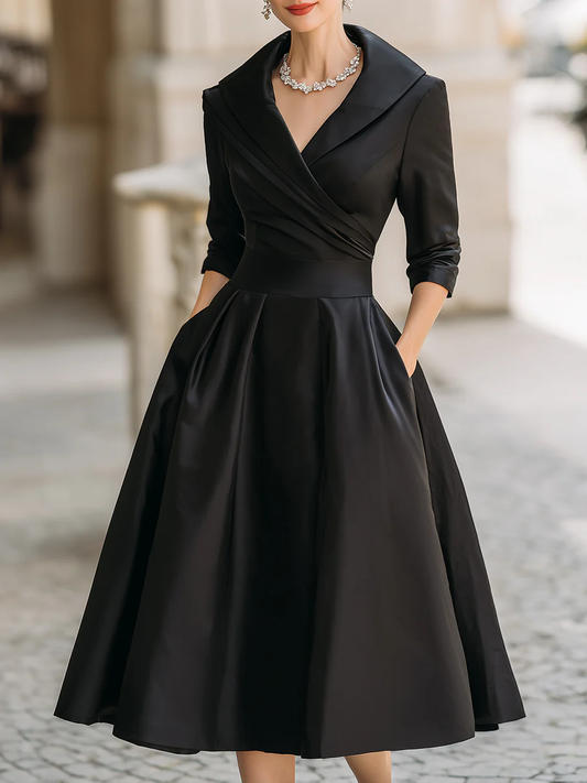 Elegante Vestido Midi de Satén para Mujeres con Cuello Chal, Manga de Codo y Falda Plisada en Estilo Coctel