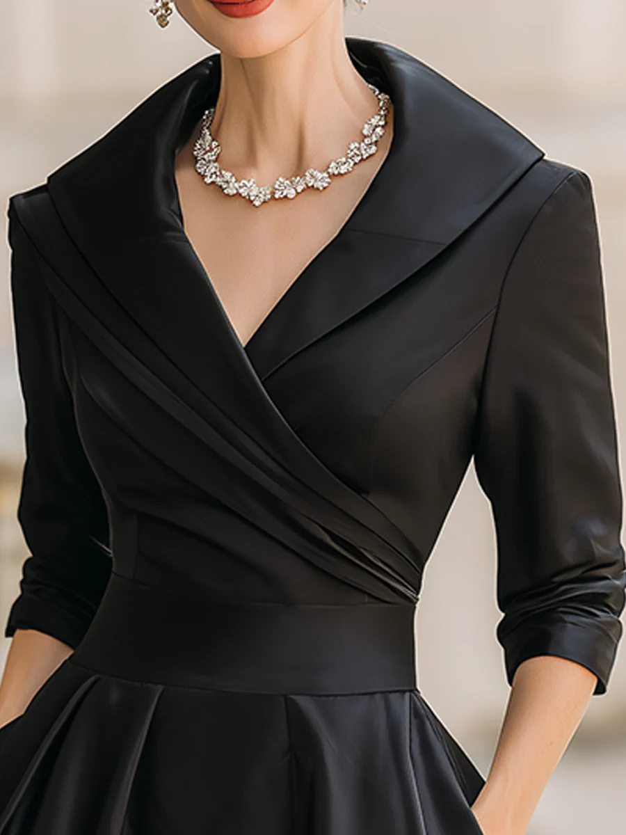 Elegante Vestido Midi de Satén para Mujeres con Cuello Chal, Manga de Codo y Falda Plisada en Estilo Coctel