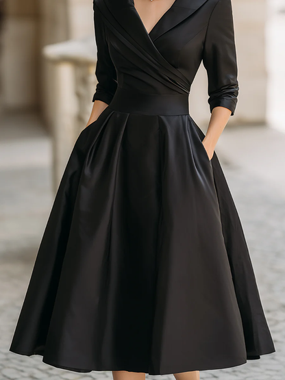 Elegante Vestido Midi de Satén para Mujeres con Cuello Chal, Manga de Codo y Falda Plisada en Estilo Coctel