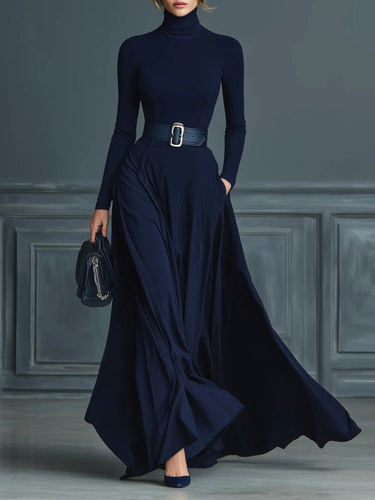 Elegante Vestido Maxi Azul Oscuro para Mujeres con Cuello Alto, Manga Larga y Cinturón en Estilo Fluido
