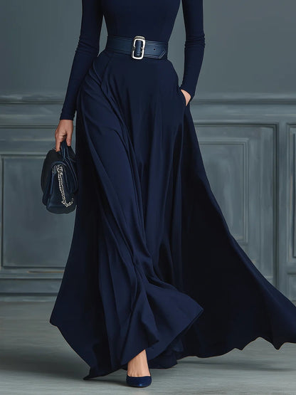 Elegante Vestido Maxi Azul Oscuro para Mujeres con Cuello Alto, Manga Larga y Cinturón en Estilo Fluido