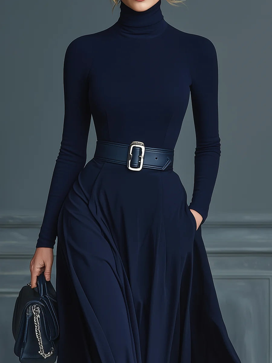 Elegante Vestido Maxi Azul Oscuro para Mujeres con Cuello Alto, Manga Larga y Cinturón en Estilo Fluido