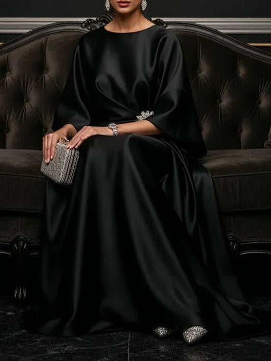 Elegante Vestido Maxi de Satén para Mujeres con Cuello Redondo, Manga Murciélago, Adornado y con Estilo Fluido