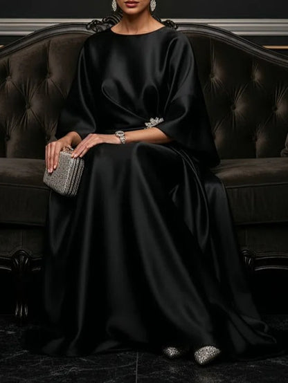 Elegante Vestido Maxi de Satén para Mujeres con Cuello Redondo, Manga Murciélago, Adornado y con Estilo Fluido