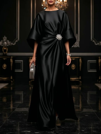 Elegante Vestido Maxi de Satén para Mujeres con Cuello Redondo, Manga Murciélago, Adornado y con Estilo Fluido