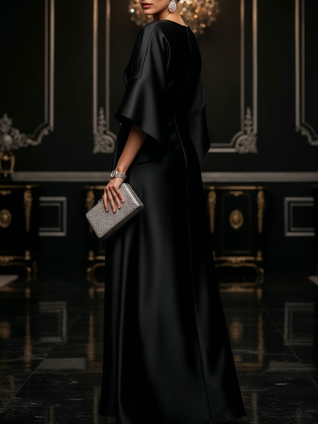 Elegante Vestido Maxi de Satén para Mujeres con Cuello Redondo, Manga Murciélago, Adornado y con Estilo Fluido