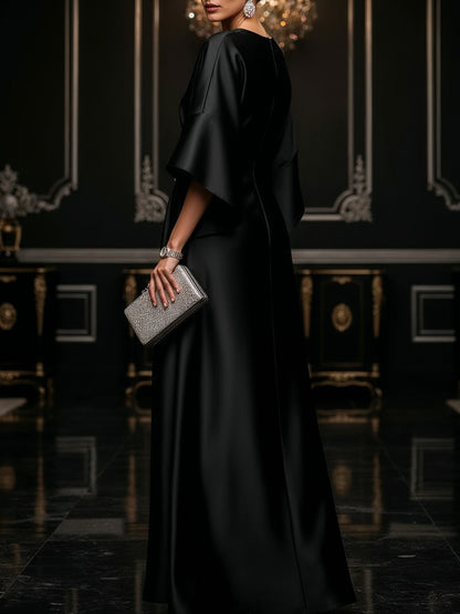 Elegante Vestido Maxi de Satén para Mujeres con Cuello Redondo, Manga Murciélago, Adornado y con Estilo Fluido