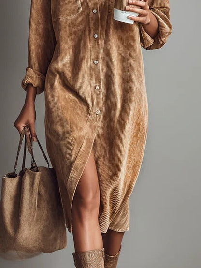 Vestido Camisa de Pana Elegante para Mujeres con Cuello y Manga Larga, Botones Frontales y Abertura Lateral, Estilo Casual