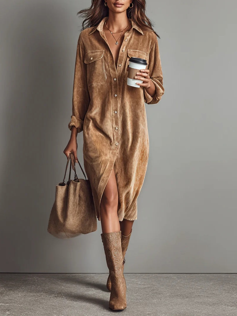 Vestido Camisa de Pana Elegante para Mujeres con Cuello y Manga Larga, Botones Frontales y Abertura Lateral, Estilo Casual