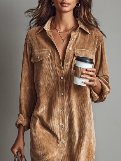 Vestido Camisa de Pana Elegante para Mujeres con Cuello y Manga Larga, Botones Frontales y Abertura Lateral, Estilo Casual