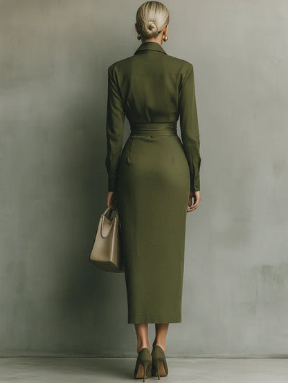 Elegante Vestido Camisero Verde Militar para Mujeres con Cuello, Manga Larga y Estilo Midi Drapado