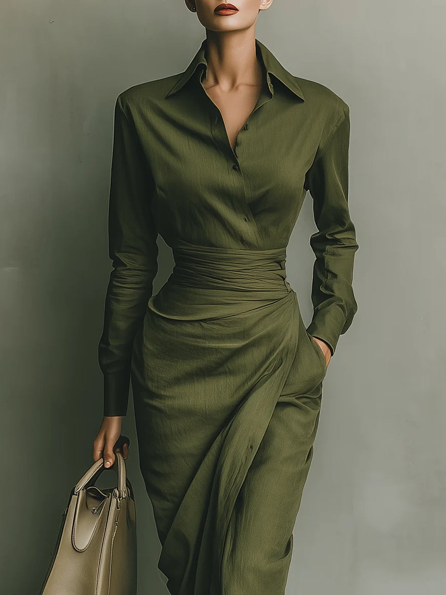 Elegante Vestido Camisero Verde Militar para Mujeres con Cuello, Manga Larga y Estilo Midi Drapado