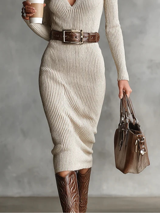 Elegante vestido midi de punto acanalado beige para mujeres con cuello en V, manga larga y estilo ajustado